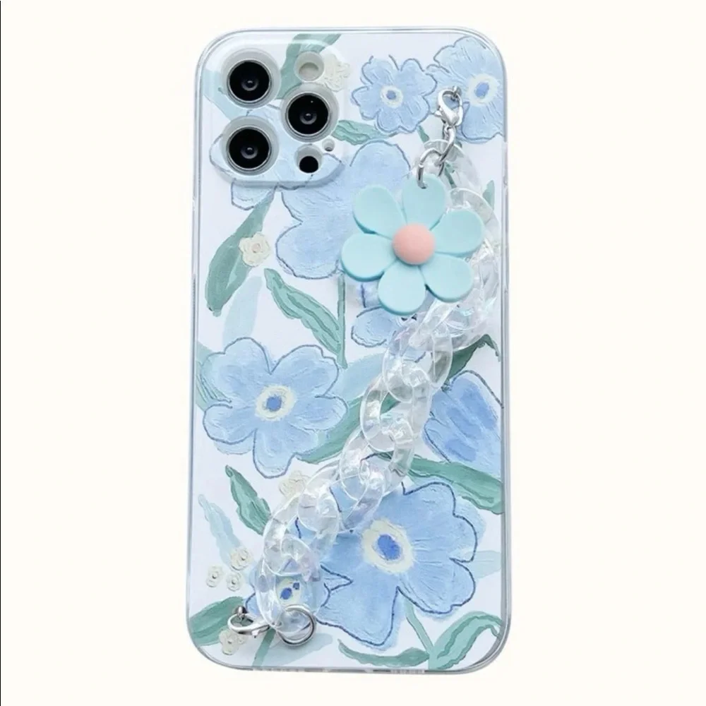iPhone Floral Flower Blue Spring Phone Case with Chain NWOT